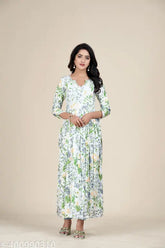 Pure cotton, long-length Gota lace summer kurti with three-quarter sleeves and Indian print, ideal for warm weather